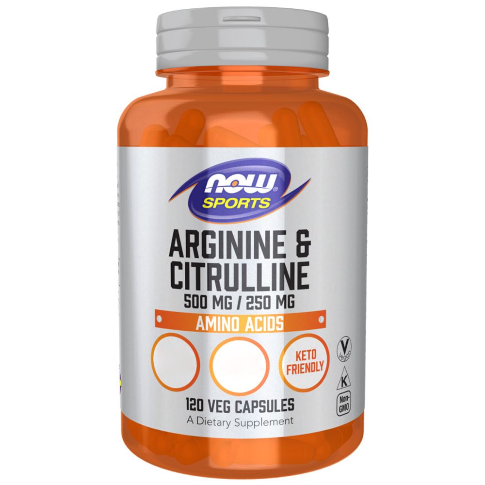 Orangefarbene Flasche mit weißem Deckel. Aufschrift: NOW SPORTS, Arginin & Citrullin, 500 mg / 250 mg, Aminosäuren, 120 Veg-Kapseln. Keto-freundlich.