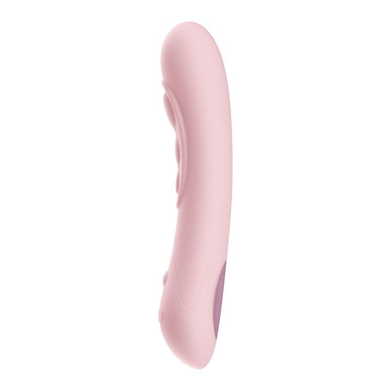 Rosa Vibrator mit wellenförmigen Details. Seitliche Ansicht. Geformter Griffbereich. Abgerundete Spitze. Lila Akzent am Ende.