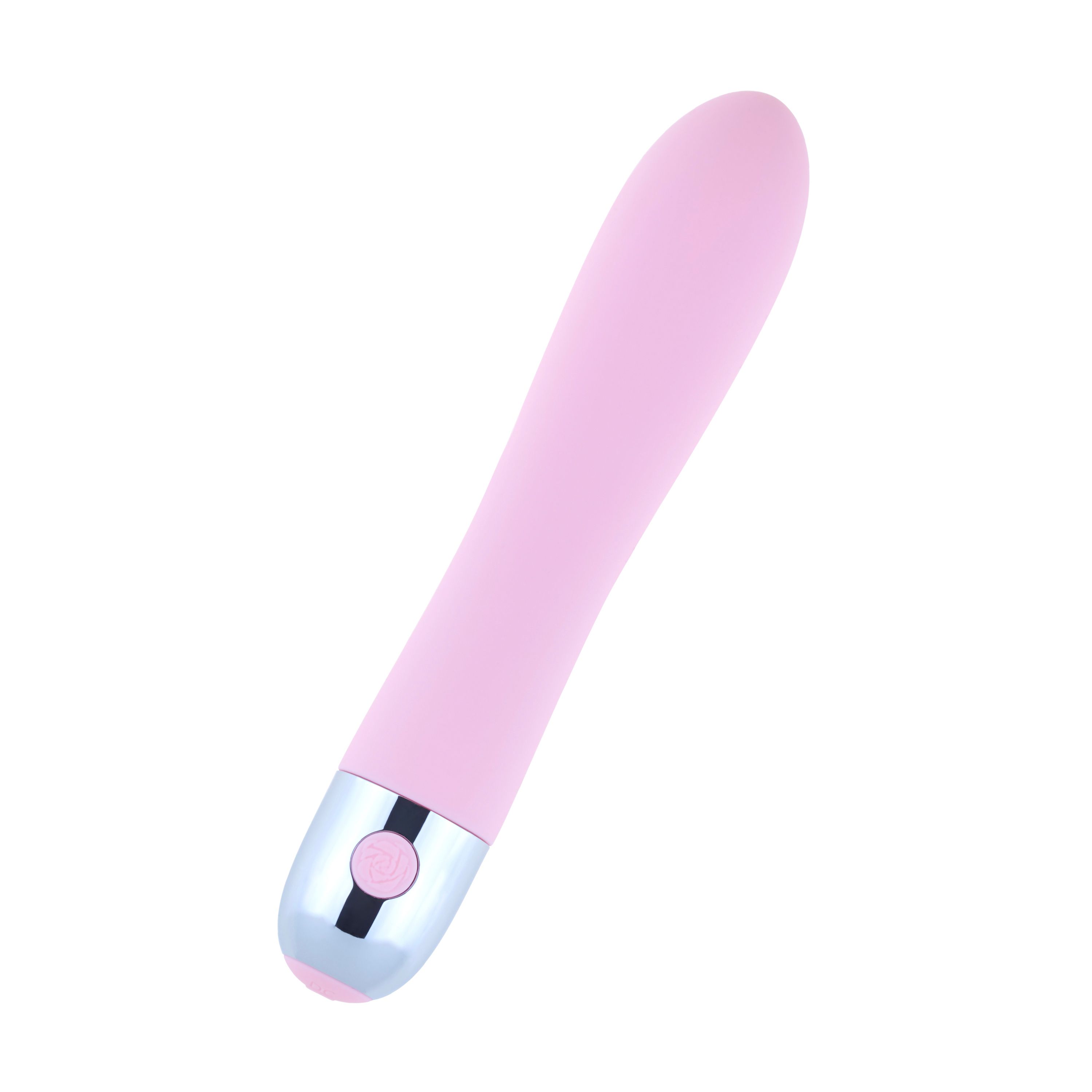 Rosa Vibrator mit silberfarbenem Ende und Knopf. Glatte Oberfläche, ergonomische Form.