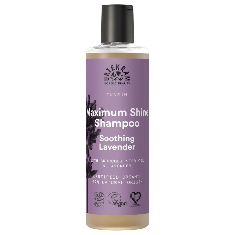 Shampoo-Flasche mit schwarzem Deckel. Aufschrift: Maximum Shine Shampoo, Soothing Lavender. Zertifiziertes Bio-Produkt.