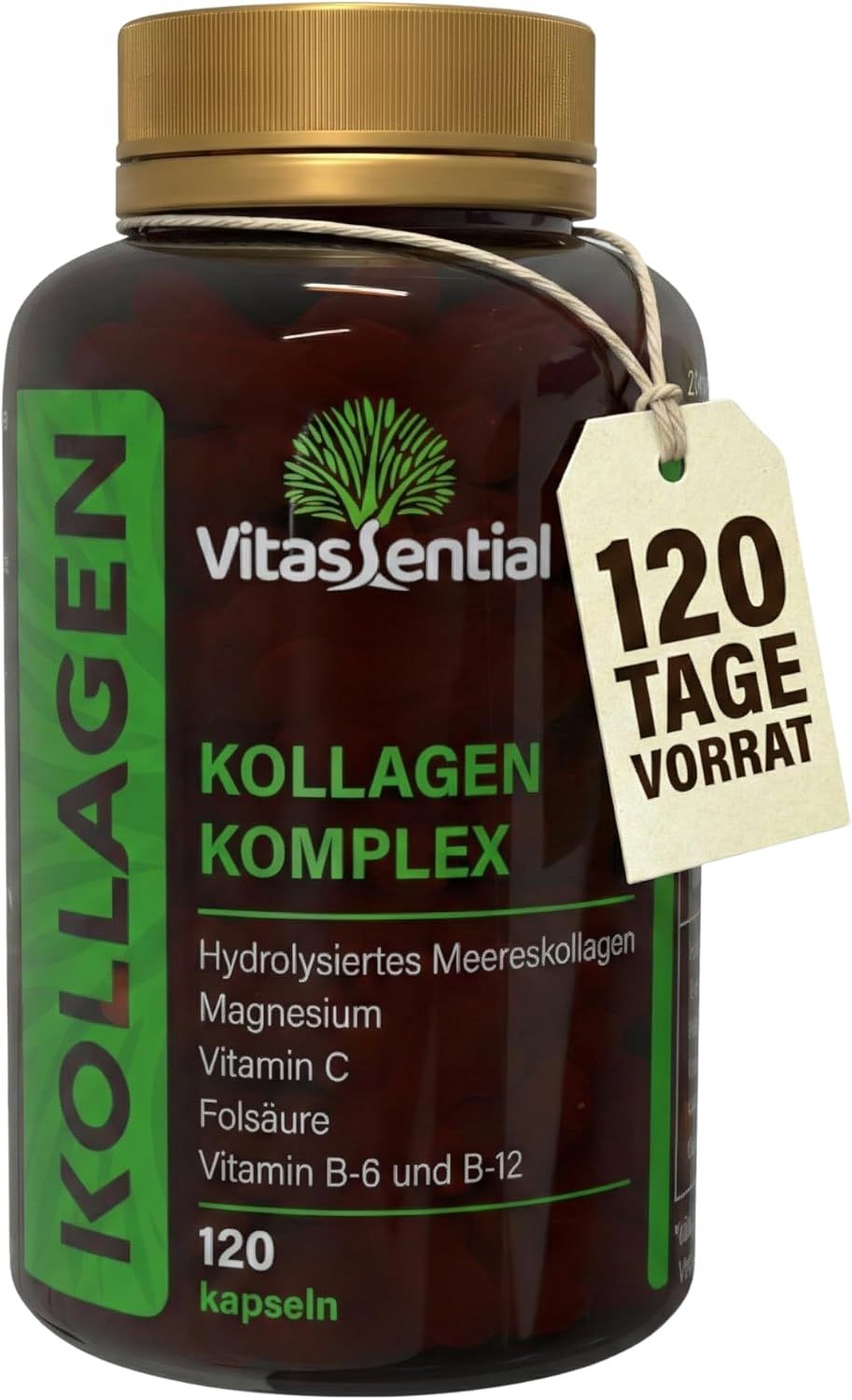 Braune Flasche mit Vitassential Kollagen-Komplex. Etikett mit Inhaltsstoffen und 120 Kapseln. Anhänger: 120 Tage Vorrat.