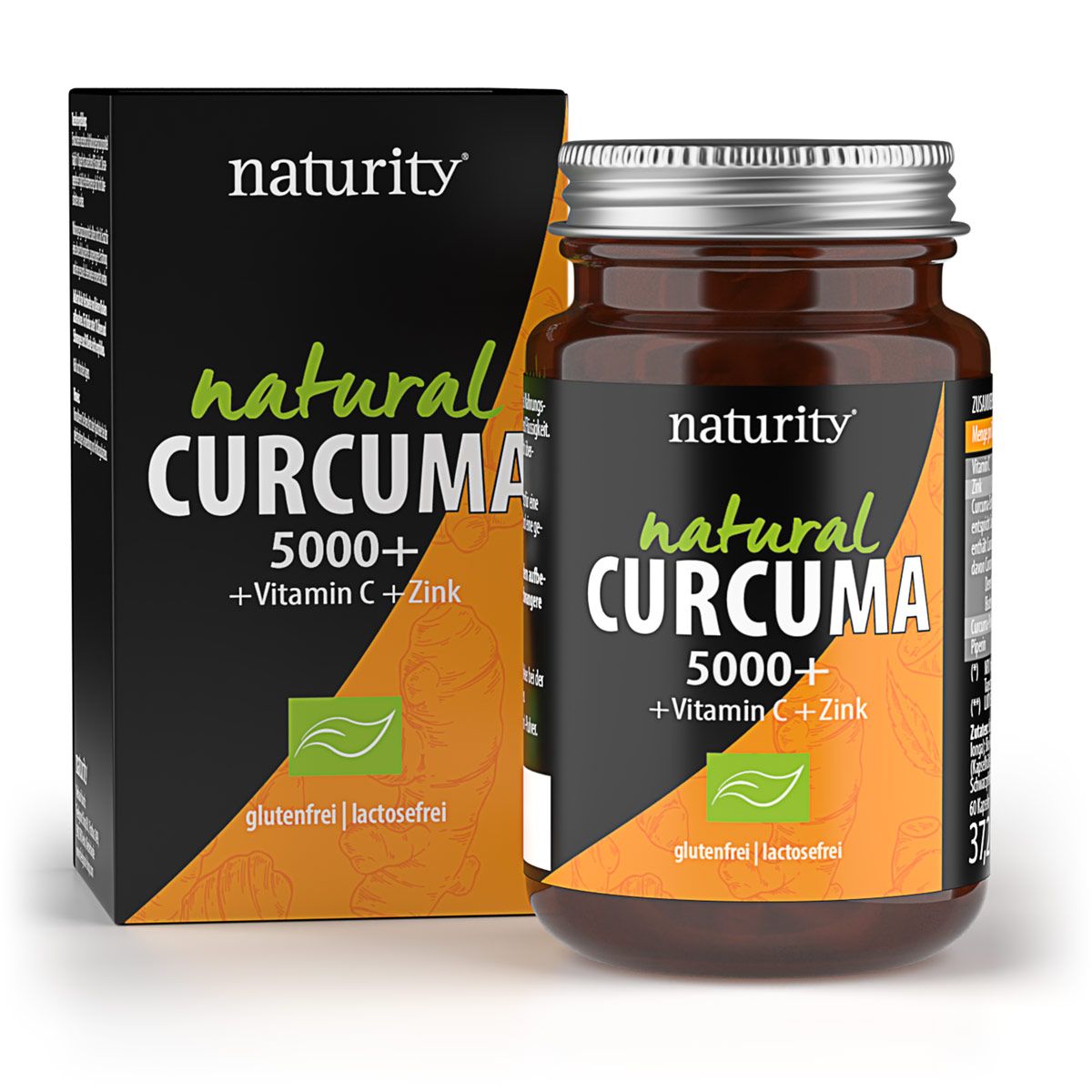 Braune Glasflasche und Schachtel mit Aufschrift Naturity Natural Curcuma 5000+. Enthält Vitamin C und Zink. Glutenfrei und laktosefrei.