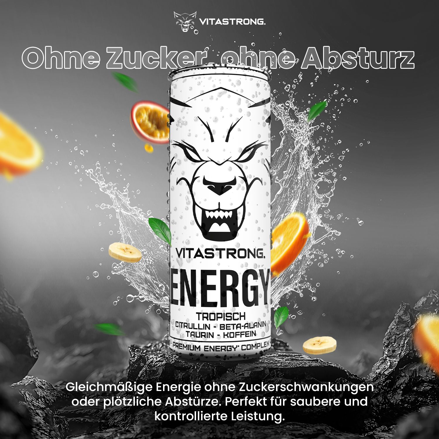 Vitastrong Energy Tropical Dose. Text: ENERGY, Tropical. Mit Früchten und Text: Ohne Zucker, ohne Absturz.