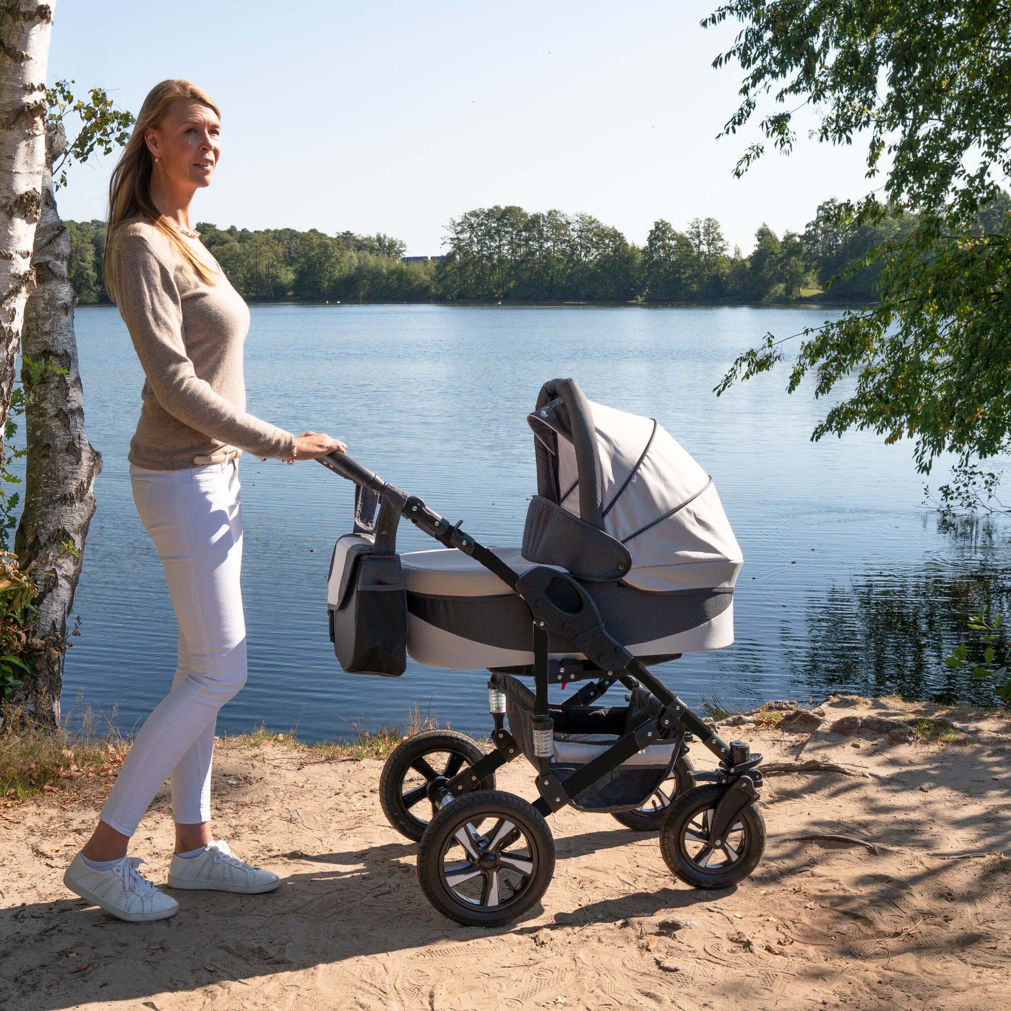 Friedrich Hugo Münster 4 in 1 Kinderwagen Komplettset ISOFIX Basis Hartgummireifen, White & Grey