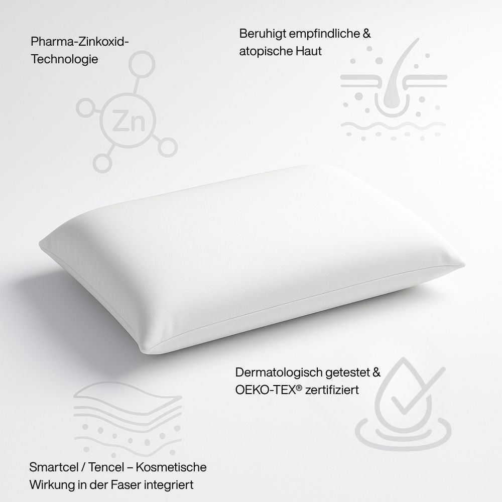 Weißes Kissen mit Icons und Text. Zinkoxid, beruhigt empfindliche Haut, dermatologisch getestet, Smartcel/Tencel.