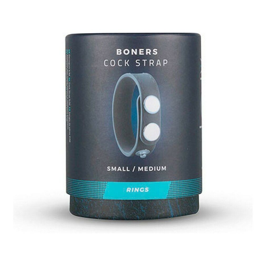 Zylindrische Verpackung mit Penisring. Aufschrift: BONERS COCK STRAP. Größen: Small/Medium.