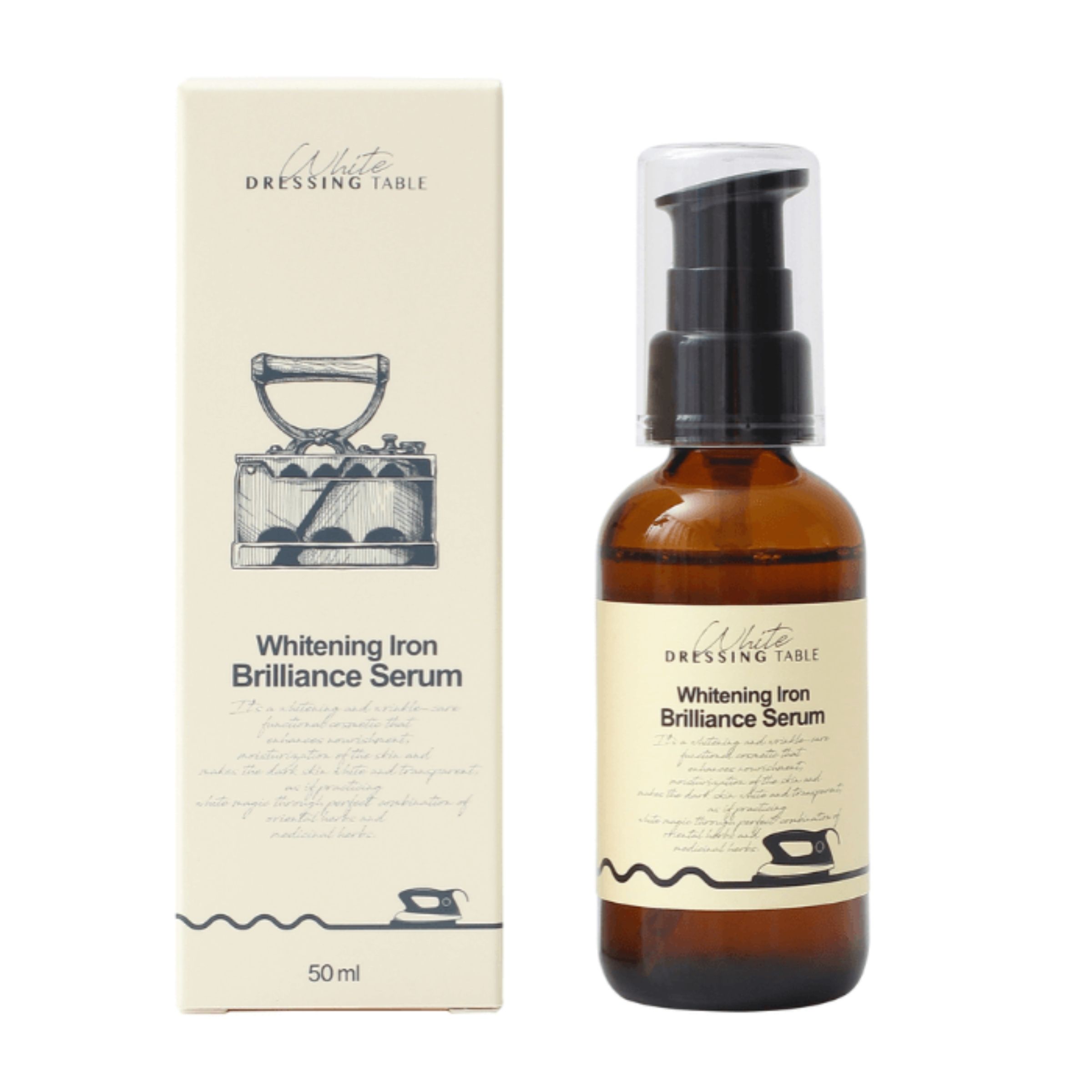 Braune Glasflasche mit schwarzem Pumpkopf und Karton. Aufschrift: Whitening Iron Brilliance Serum. Logo: Bügeleisen.