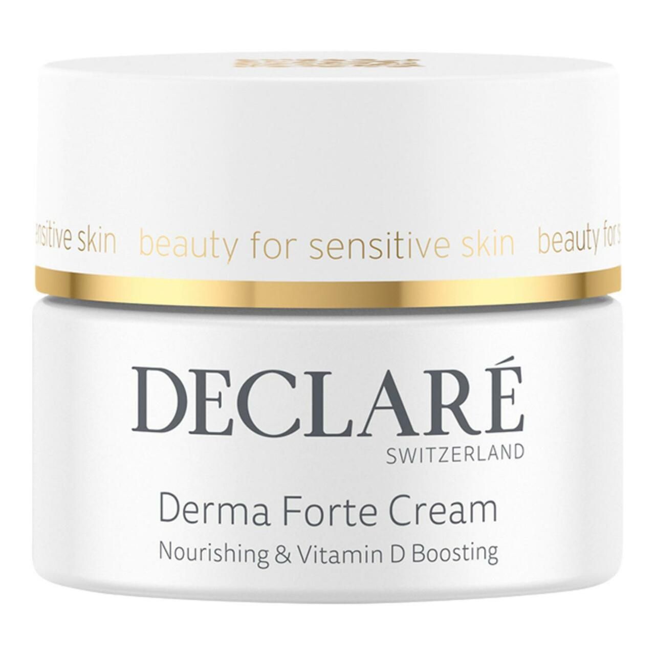 Weißer Tiegel mit goldfarbenem Deckel. Beschriftung: DECLARÉ SWITZERLAND, Derma Forte Cream, Nourishing & Vitamin D Boosting.