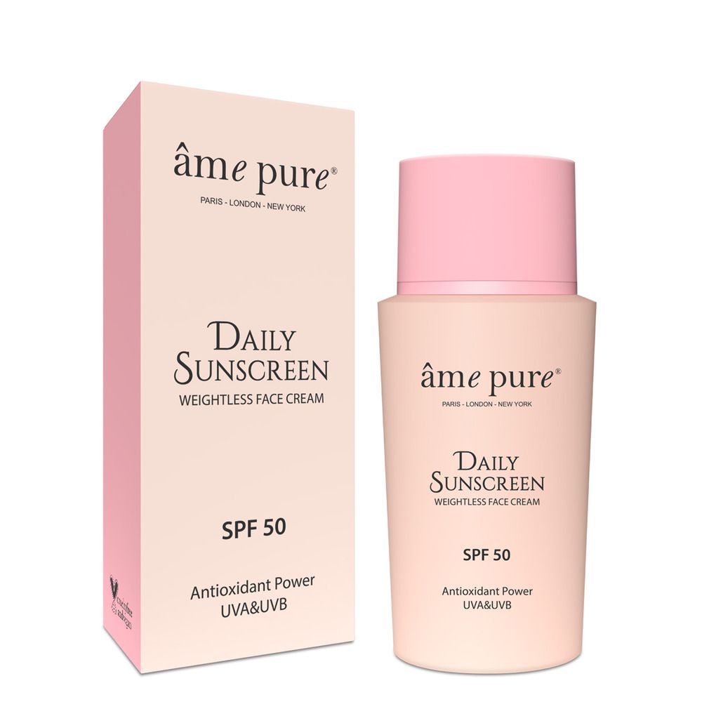 Sonnencreme-Fläschchen und -Verpackung. Aufschrift: âme pure Daily Sunscreen SPF 50. Mit Antioxidantien. Vegan-Siegel.