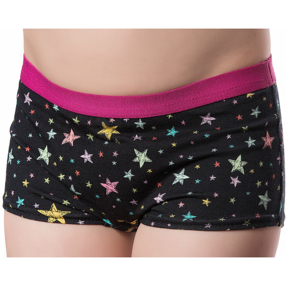 Schwarzer Inkontinenz-Slip mit Sternenmuster und pinkfarbenem Bund. Kurze Form, Vorderansicht.