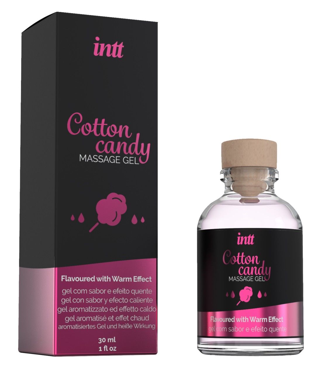 Glasflasche mit Korken und schwarzer Verpackung. Aufschrift: INTT Cotton Candy Massage Gel. Mit warmem Effekt. 30 ml.