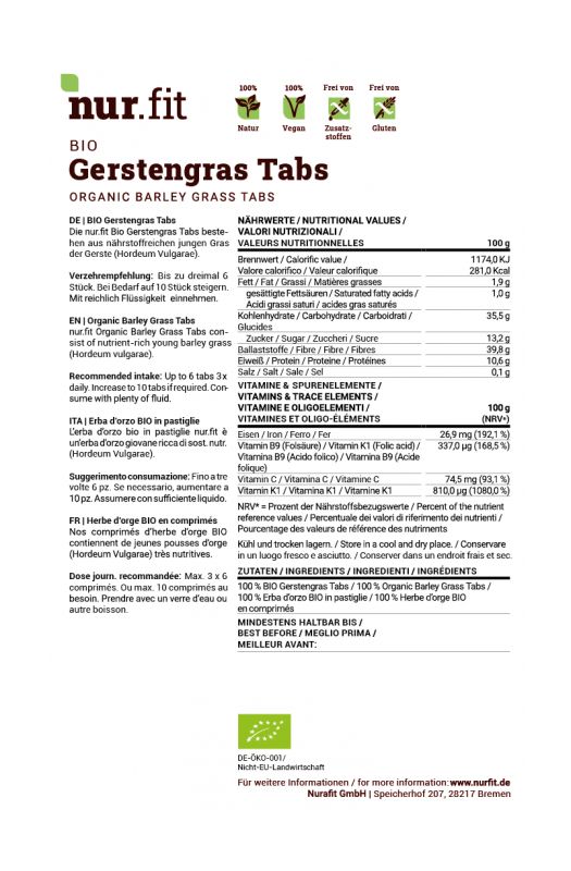 Etikett mit Informationen zu BIO Gerstengras Tabs. Nährwerttabelle, Inhaltsstoffe, Empfehlungen.