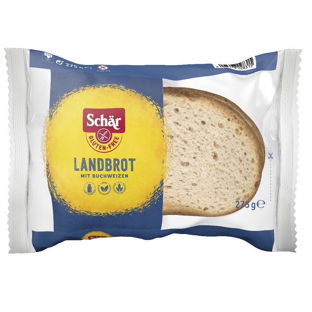 Verpackung mit Landbrot. Marke Schär, glutenfrei. Brotlaib angeschnitten, sichtbar. Blaue und gelbe Verpackung.
