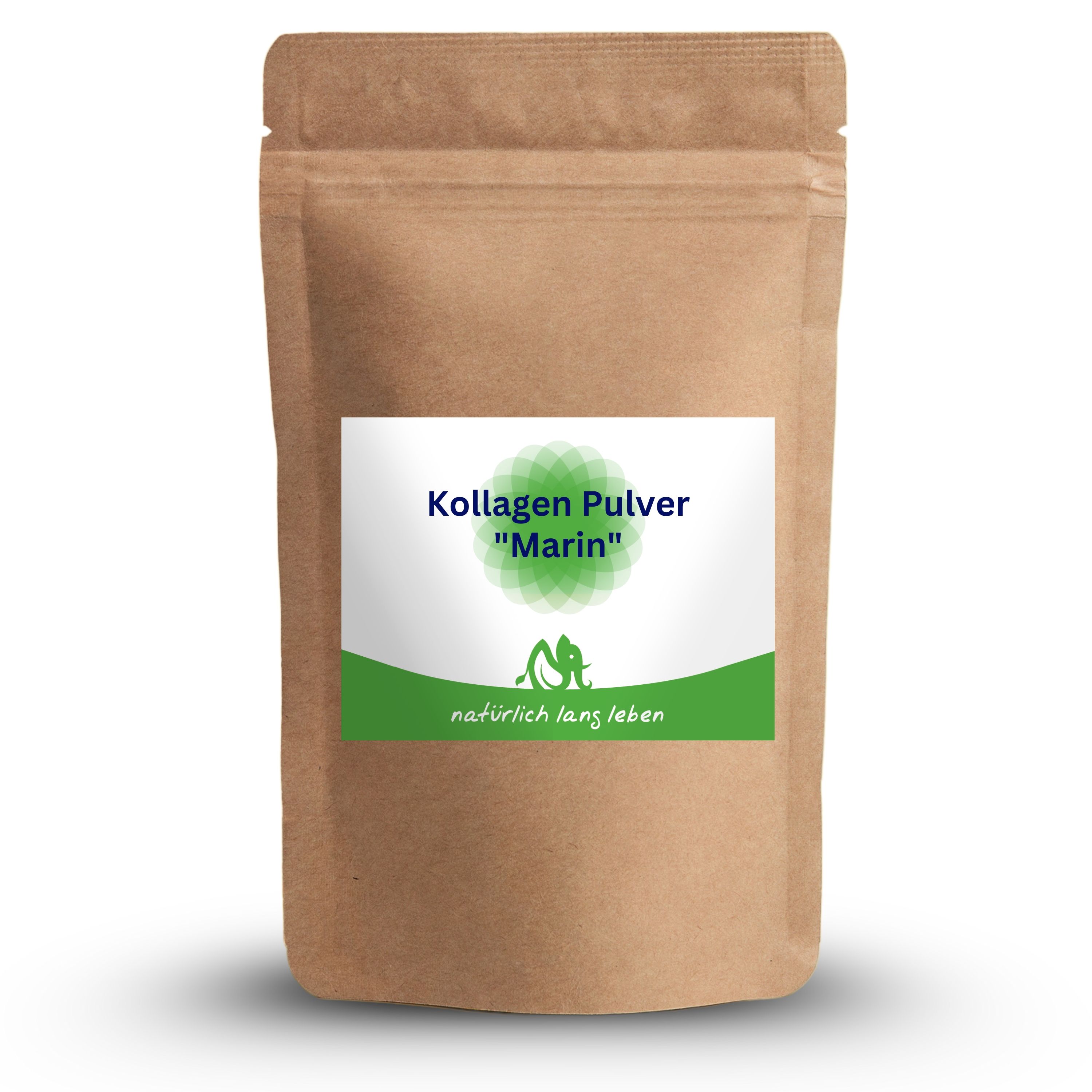Braune Tüte mit weißem Etikett. Aufschrift: Kollagen Pulver "Marin", Logo und "natürlich lang leben".
