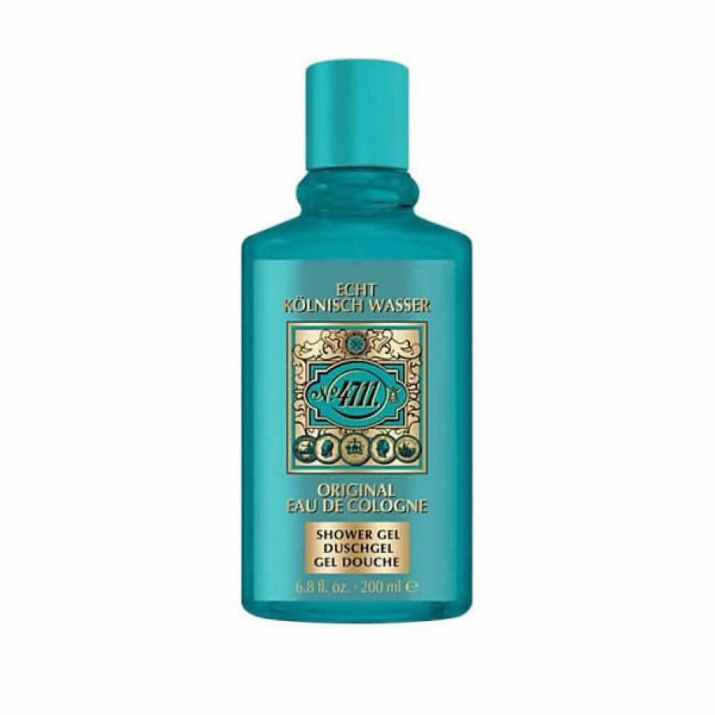 Türkisfarbene Flasche mit goldfarbenem Etikett. Schriftzug: 4711 Original Eau de Cologne Shower Gel. Deckel und Flasche sind aus Kunststoff.