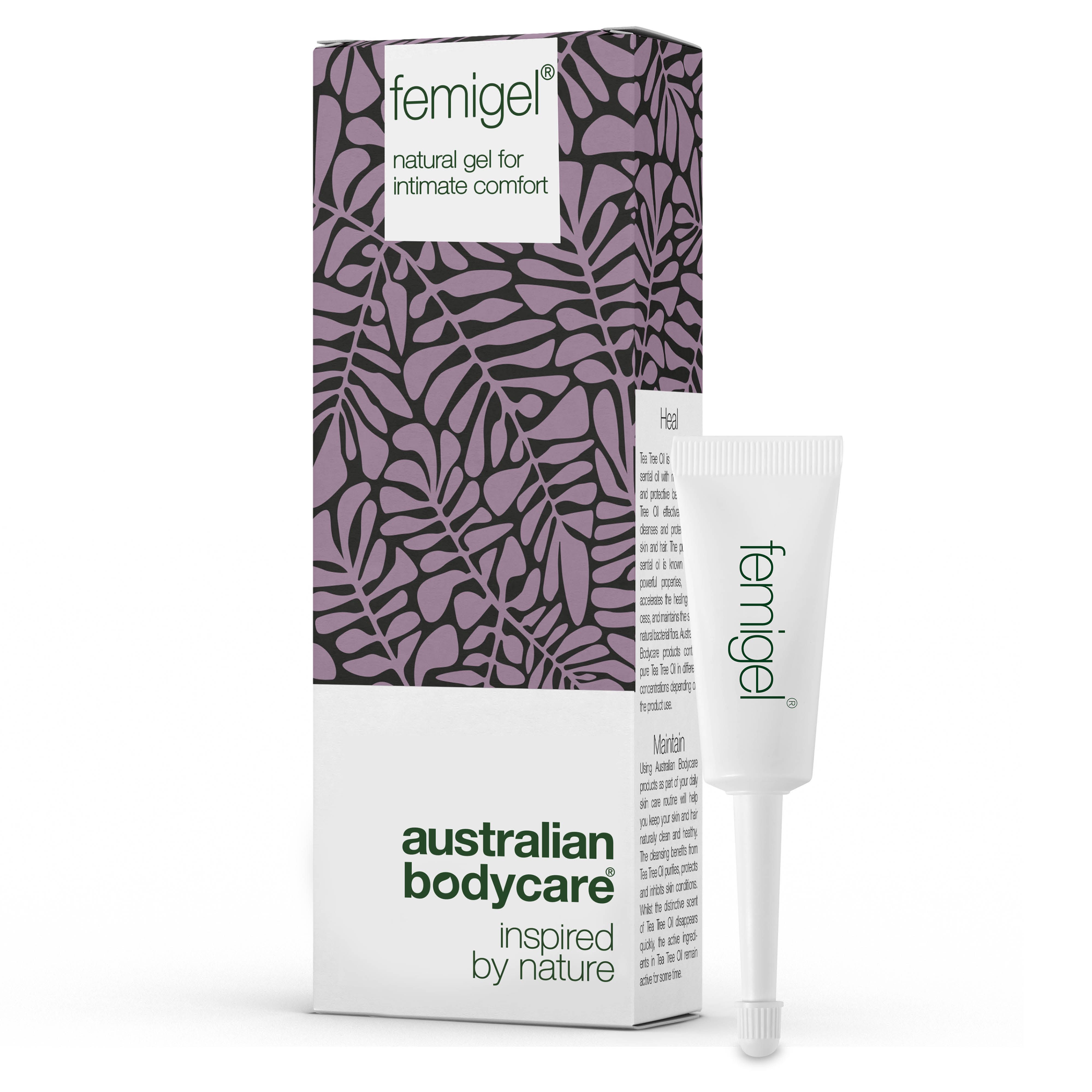 Femigel-Tube und -Verpackung. Verpackung mit floralem Muster. Text: Femigel, natürliches Gel für intimen Komfort.
