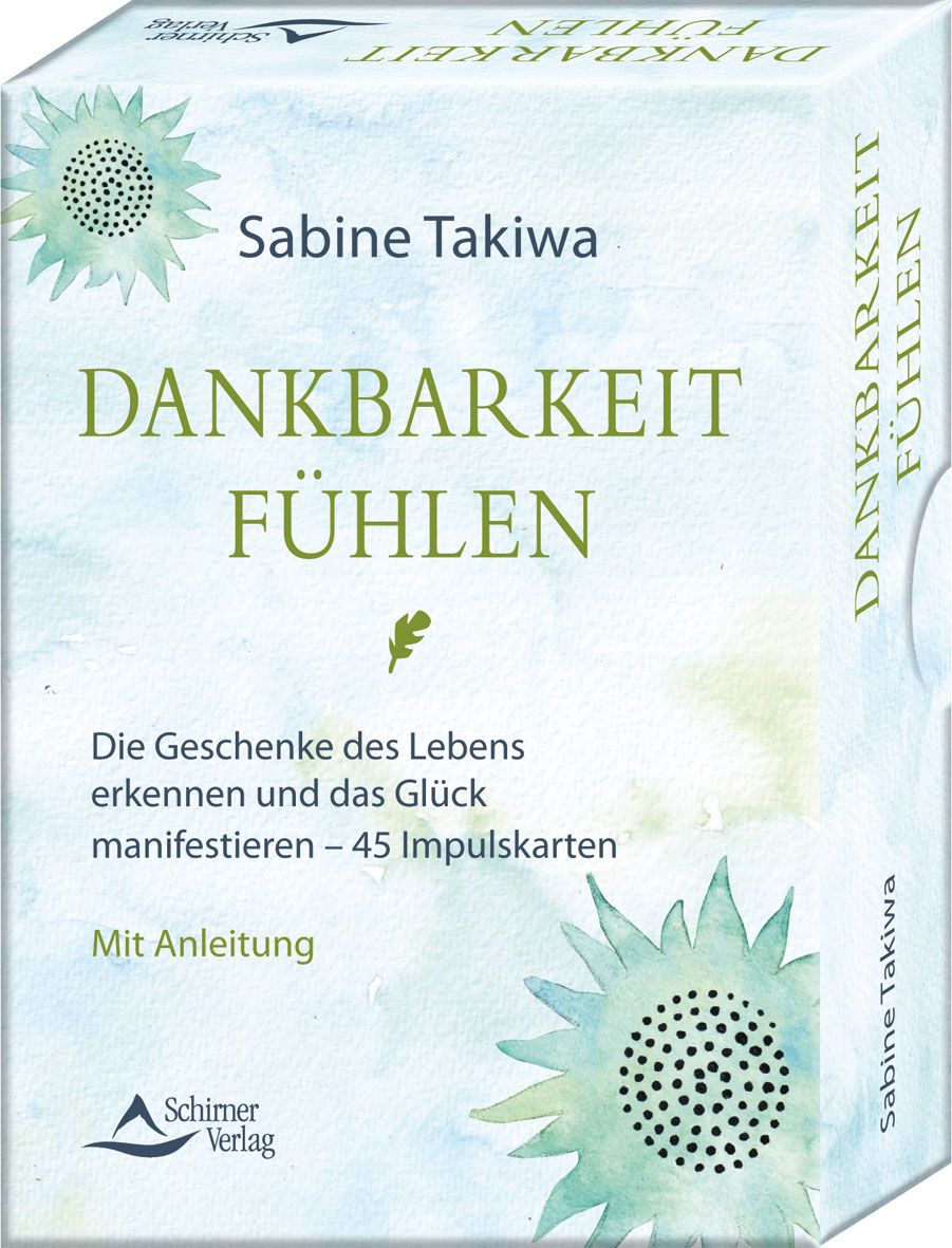 Kartenbox mit Titel 'Dankbarkeit fühlen'. Autorin: Sabine Takiwa. Enthält 45 Impulskarten und Anleitung. Verlag: Schirner Verlag. Sonnenblumen-Design.