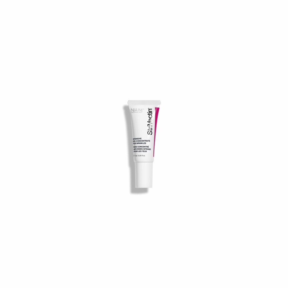 Kleine Tube Strivectin Intensive Eye Concentrate. Weiß, mit rosa und schwarzem Text. Auf weißem Hintergrund.