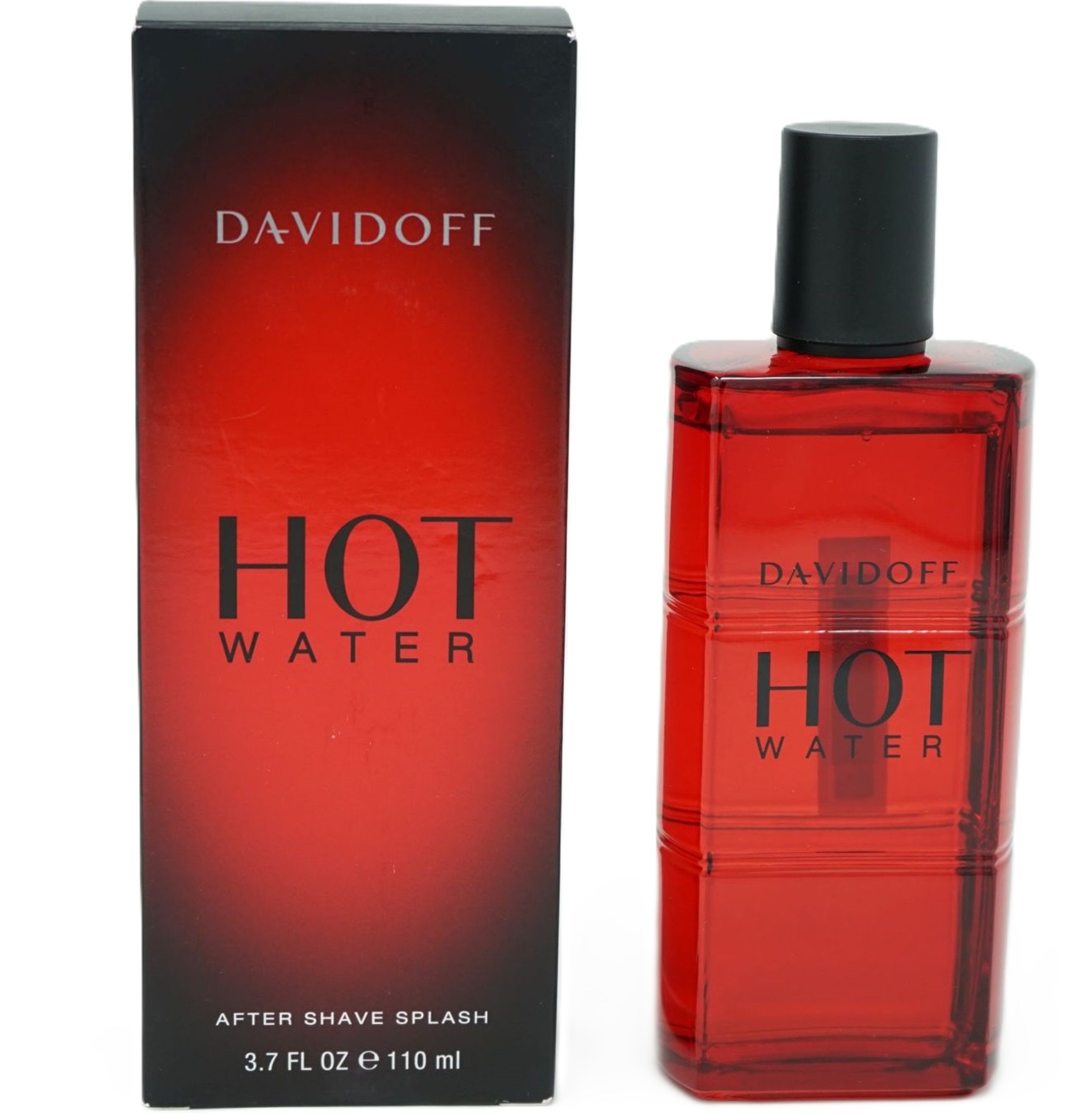 Rote Flasche und Schachtel mit Aufschrift Davidoff Hot Water. Nach dem Rasieren. Schwarzer Deckel. 3.7 FL OZ e 110 ml.