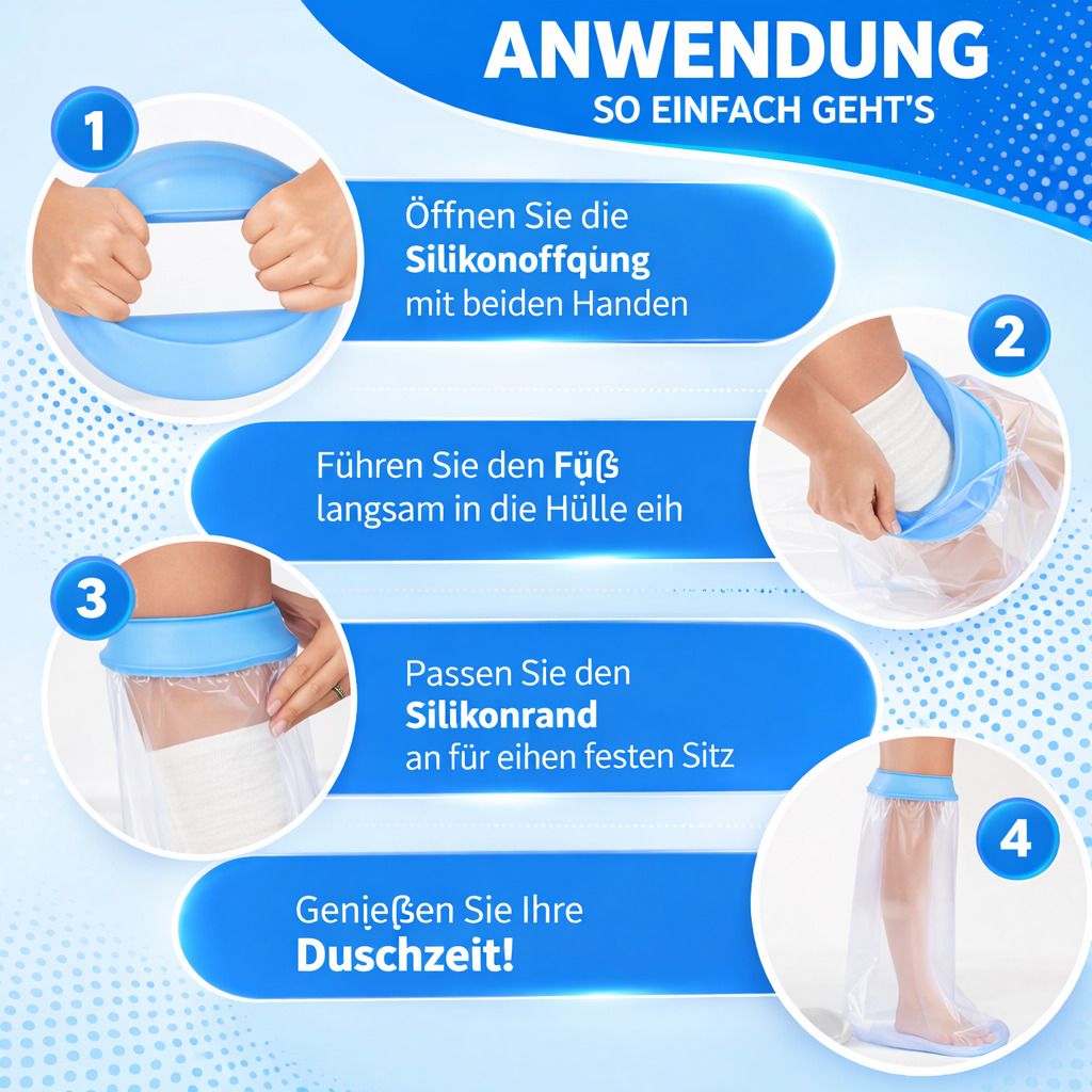 Anwendung der Duschschutzhülle. Schritt-für-Schritt-Anleitung. Öffnen, Fuß einführen, Silikonrand anpassen, Duschen.