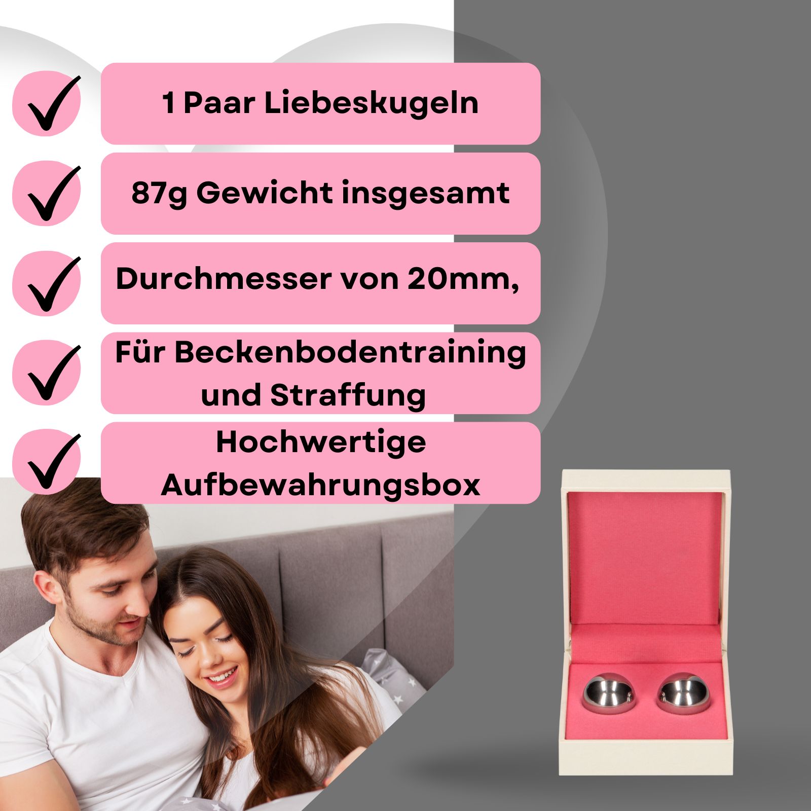 Zwei Metallkugeln in einer Box. Aufschrift: 1 Paar Liebeskugeln, 87g Gewicht, 20mm Durchmesser, Beckenbodentraining. Paar im Bett.