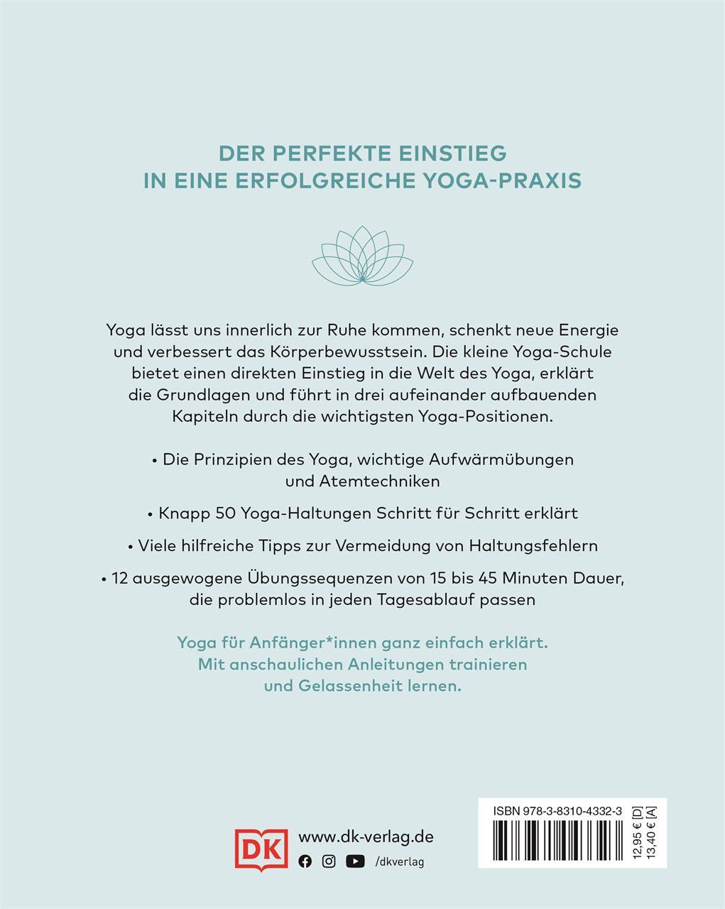 Rückseite des Buches "Die kleine Yoga-Schule". Text in deutscher Sprache. Logo "DK". ISBN-Nummer und Preisangaben.
