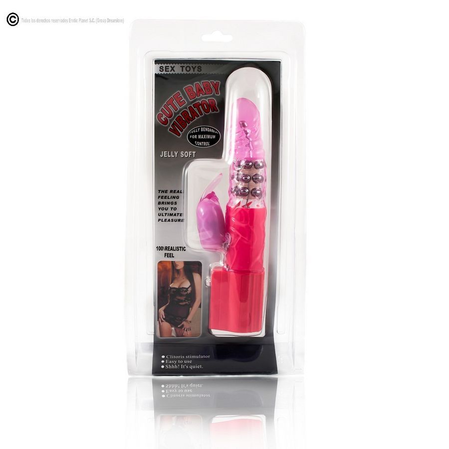 Vibrator in Verpackung. Rosa Produkt mit transparentem Deckel. Aufschrift "CUTE BABY VIBRATOR".