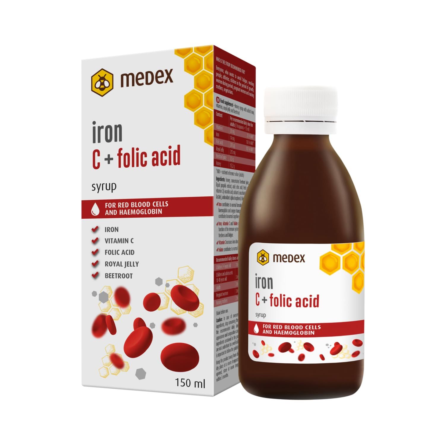 Medex Eisen C + Folsäure Sirup. Flasche und Schachtel. Rote und weiße Elemente. Aufschrift: Eisen C + Folsäure.