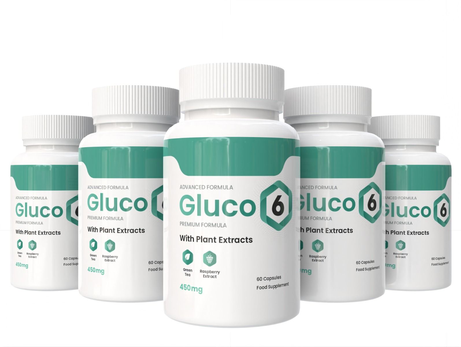 Fünf weiße Flaschen mit grünem Etikett. Aufschrift: Gluco6, mit Pflanzenextrakten, 60 Kapseln. 450mg.