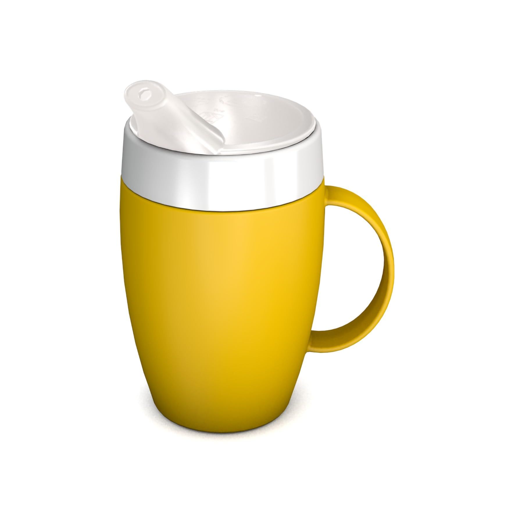 Gelber Becher mit kleinem Henkel und Schnabelaufsatz. Weißer Deckel. Kleiner Henkel. Trinköffnung.