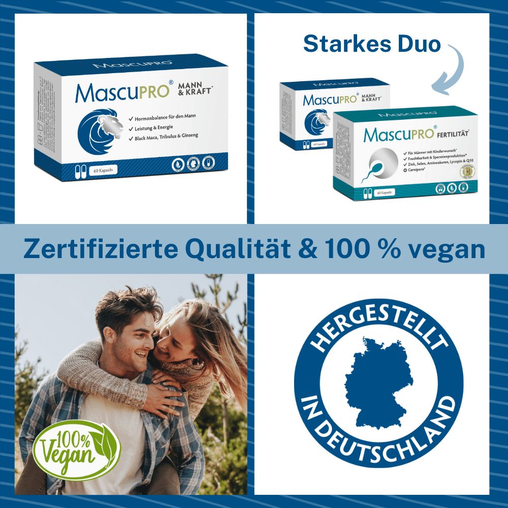 Zertifizierte Qualität & 100% vegan. Bilder: MascuPRO®-Packung, MascuPRO® Fertilität, Paar, Logo 'Hergestellt in Deutschland', 100% Vegan.