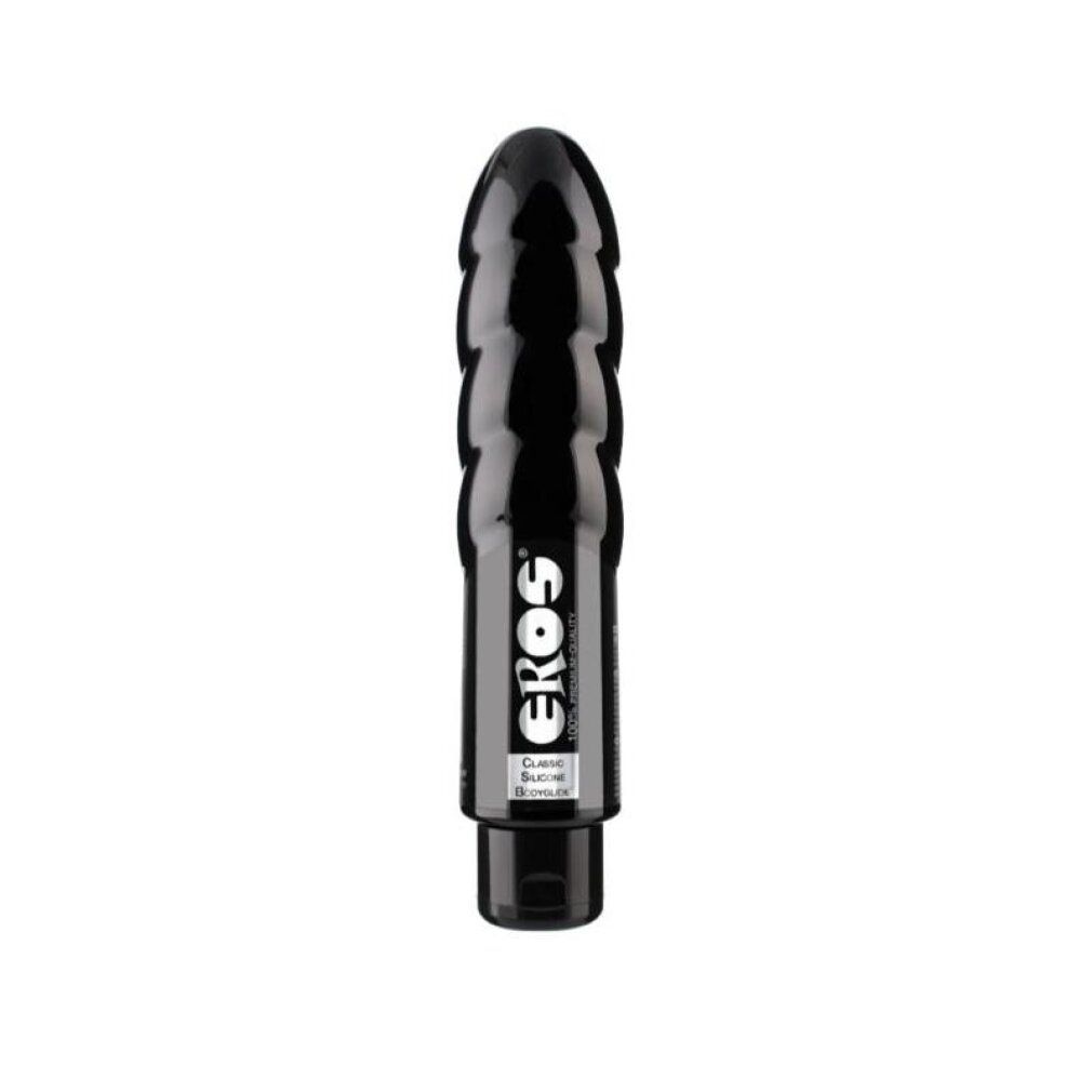 Schwarzer Bodyglide mit gerilltem Kopf und EROS-Logo. Klassisches Silikon.