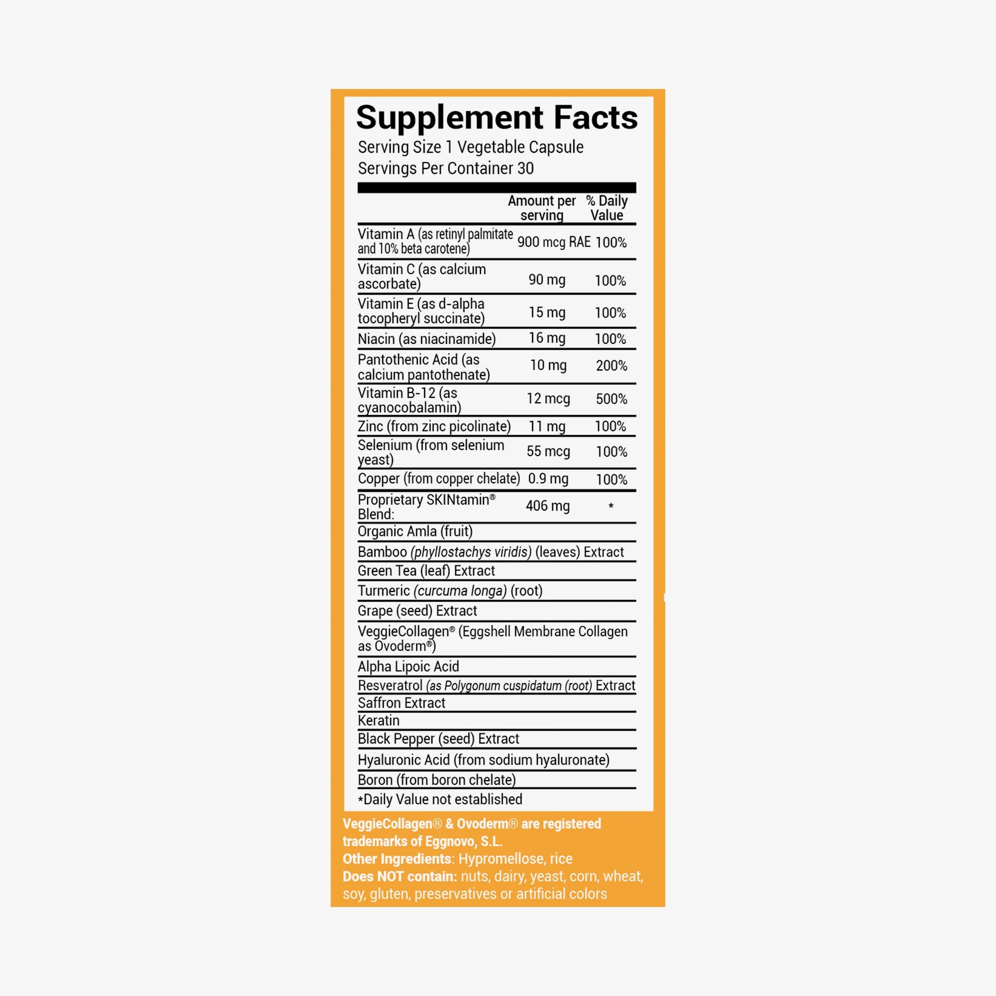 Etikett mit Nährwertangaben für SKINtamin-Kapseln. Enthält Vitamine, Mineralien und andere Inhaltsstoffe.