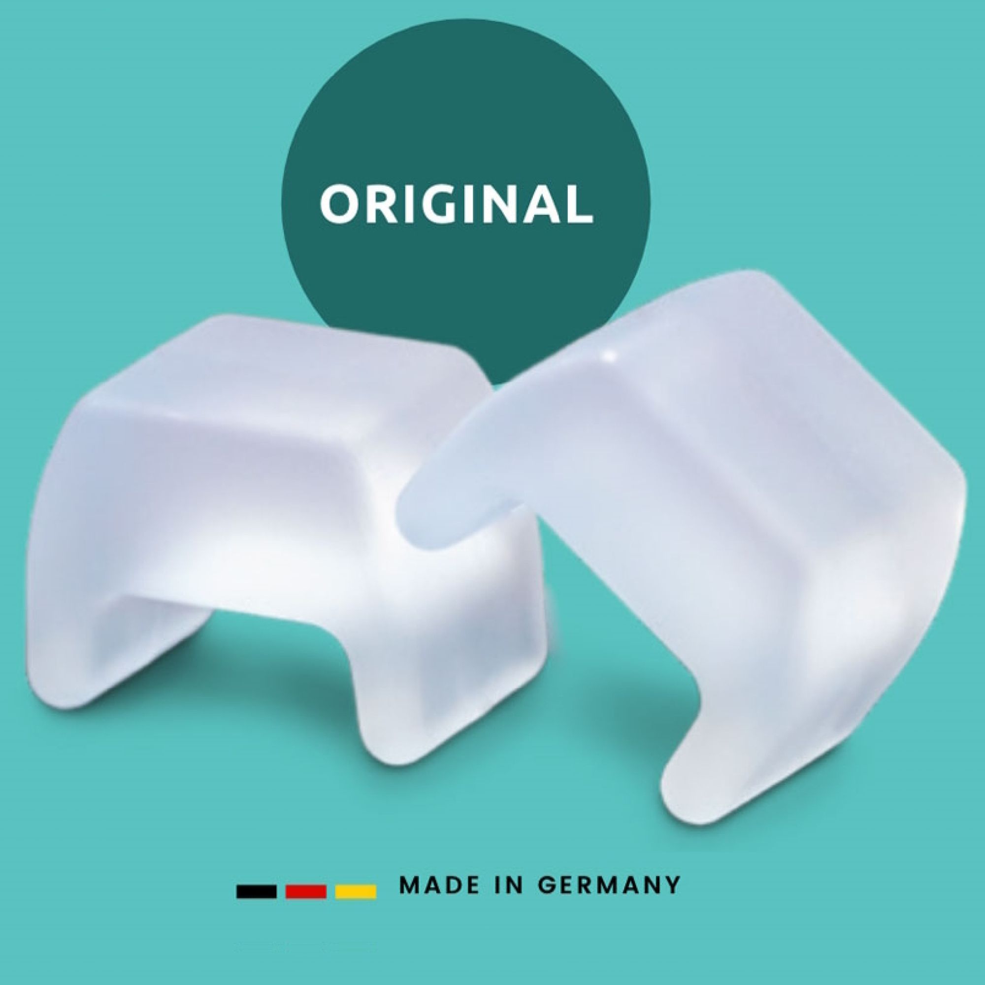 Zwei durchsichtige, quadratische Objekte mit abgerundeten Kanten. Text: ORIGINAL. Made in Germany.