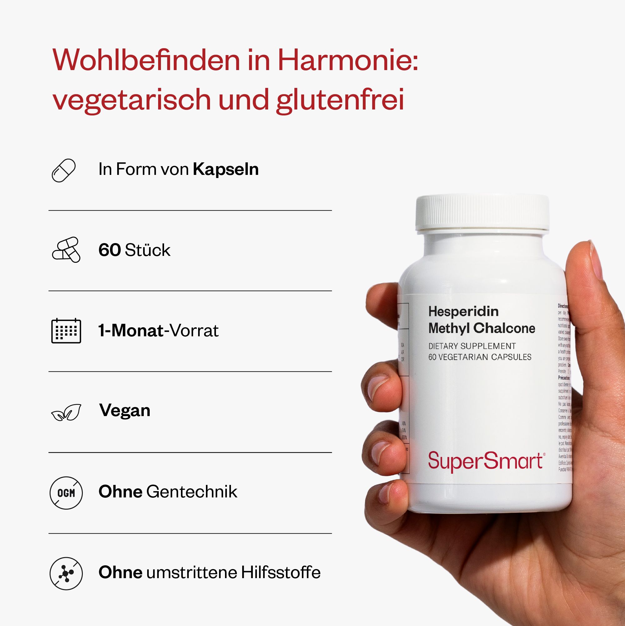 Hand hält eine weiße Flasche mit Hesperidin Methyl Chalcone Kapseln. Marke: SuperSmart. Text: 60 vegetarische Kapseln. Vegan.
