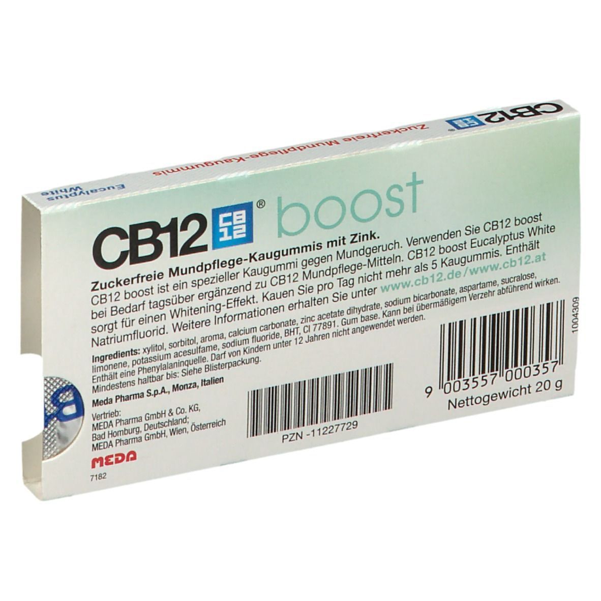 Verpackung von CB12 boost Kaugummi. Text: Zuckerfreie Mundpflege-Kaugummis mit Zink. Enthält Natriumfluorid. Nettogewicht 20 g. Rückseite.