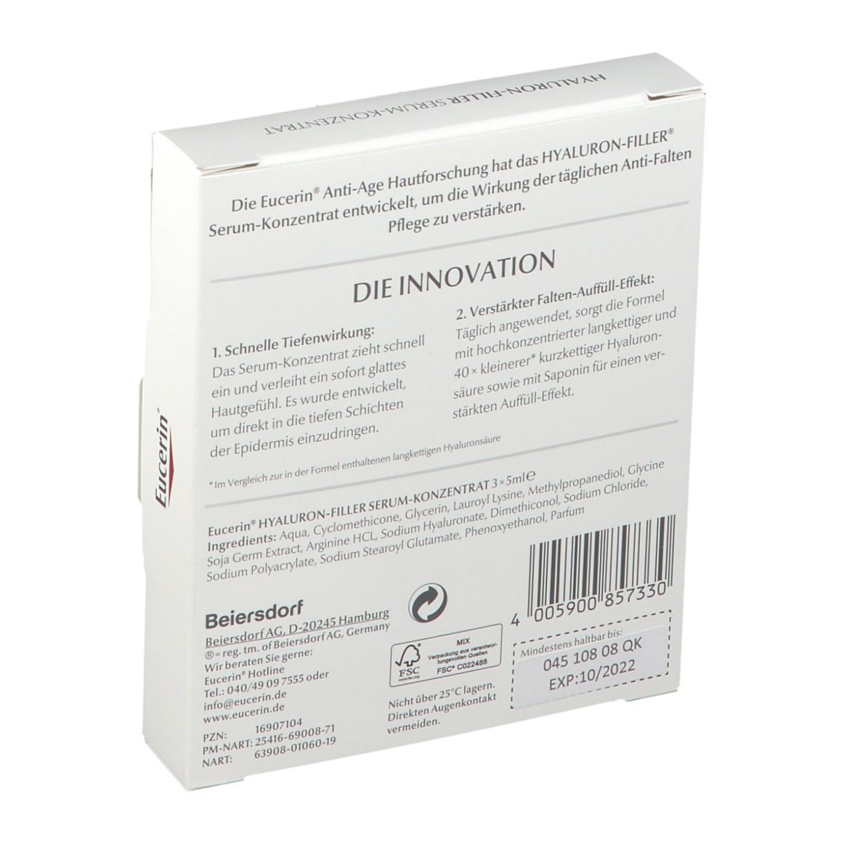 Rückseite der Eucerin-Schachtel. Enthält Produktinformationen, Inhaltsstoffe und Herstellerdetails. Text in Deutsch.