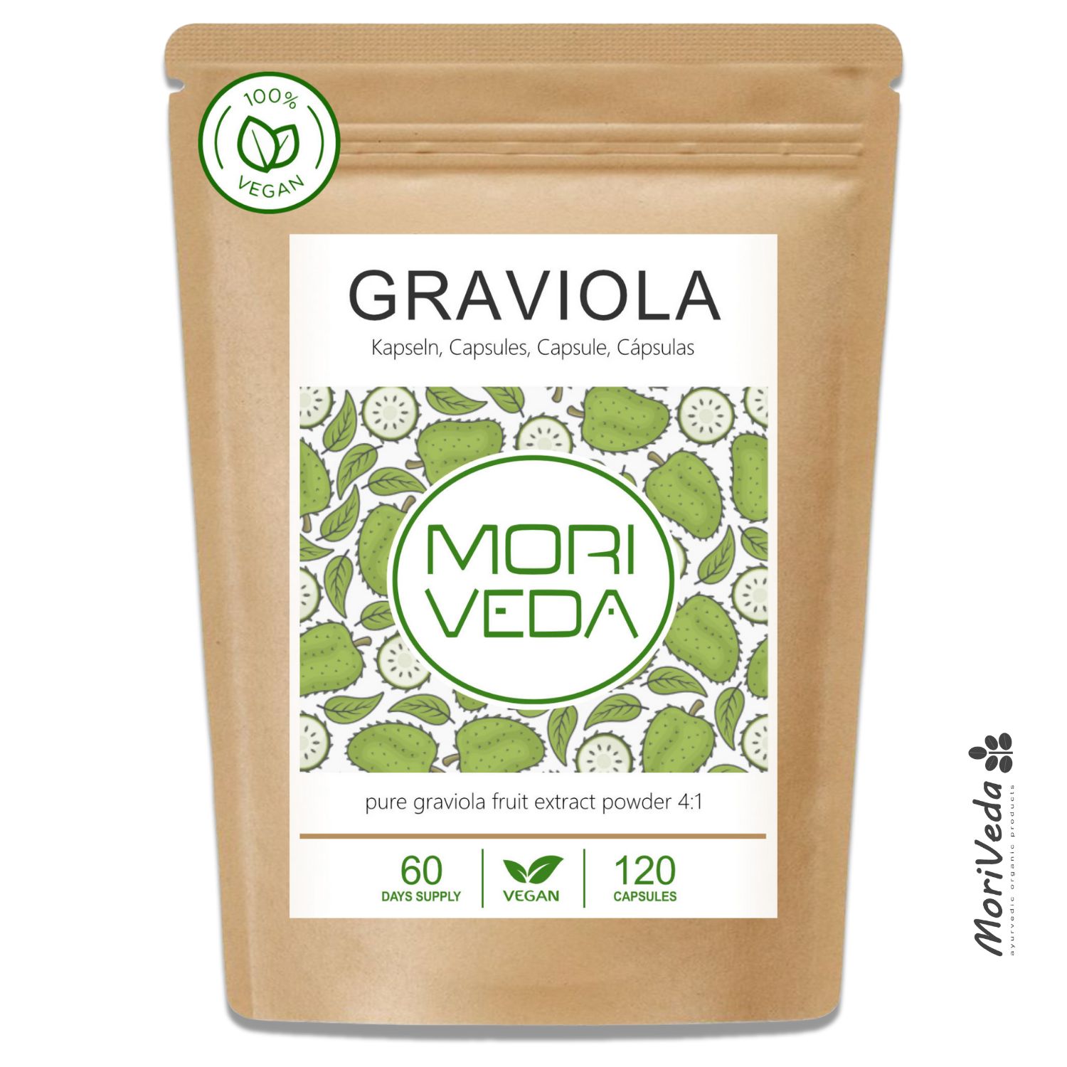 Moriveda Graviola Kapseln – 4:1 Fruchtpulverextrakt, Antioxidantien & Vitamine, vegan 120 St