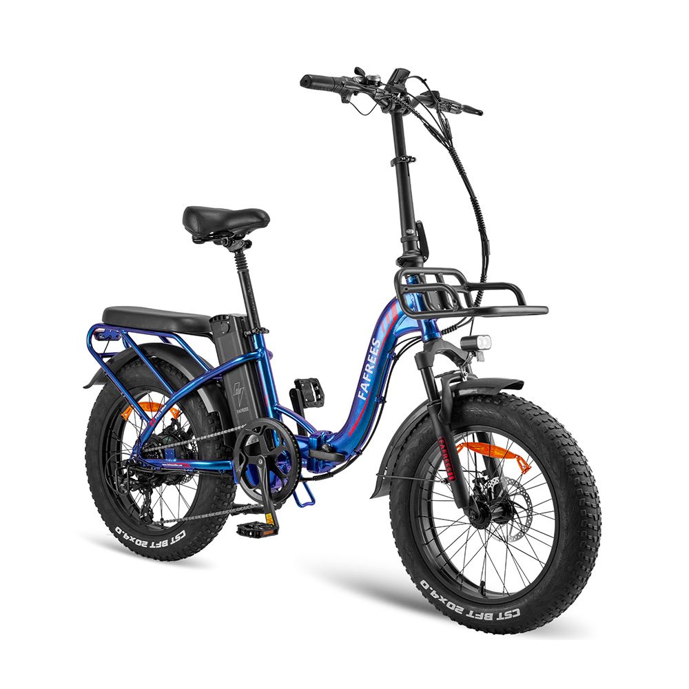 Blaues Fafrees F20 Max E-Bike. Schwarze Reifen, Gepäckträger, Frontkorb und Schutzbleche. Marke sichtbar.