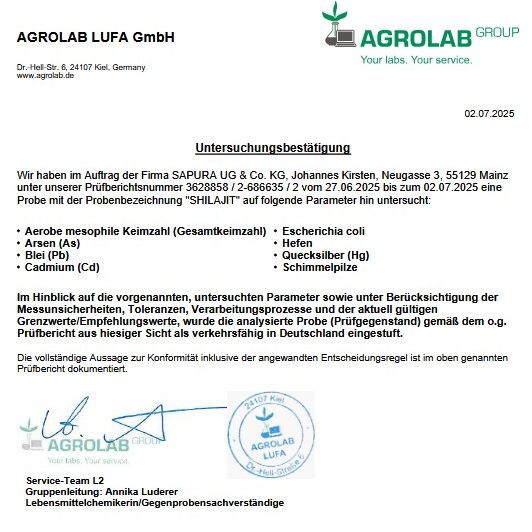 Zertifikat von AGROLAB LUFA GmbH. Untersucht: Aerobe Keimzahl, Arsen, Blei, Cadmium, Escherichia coli, Hefen, Quecksilber, Schimmelpilze.