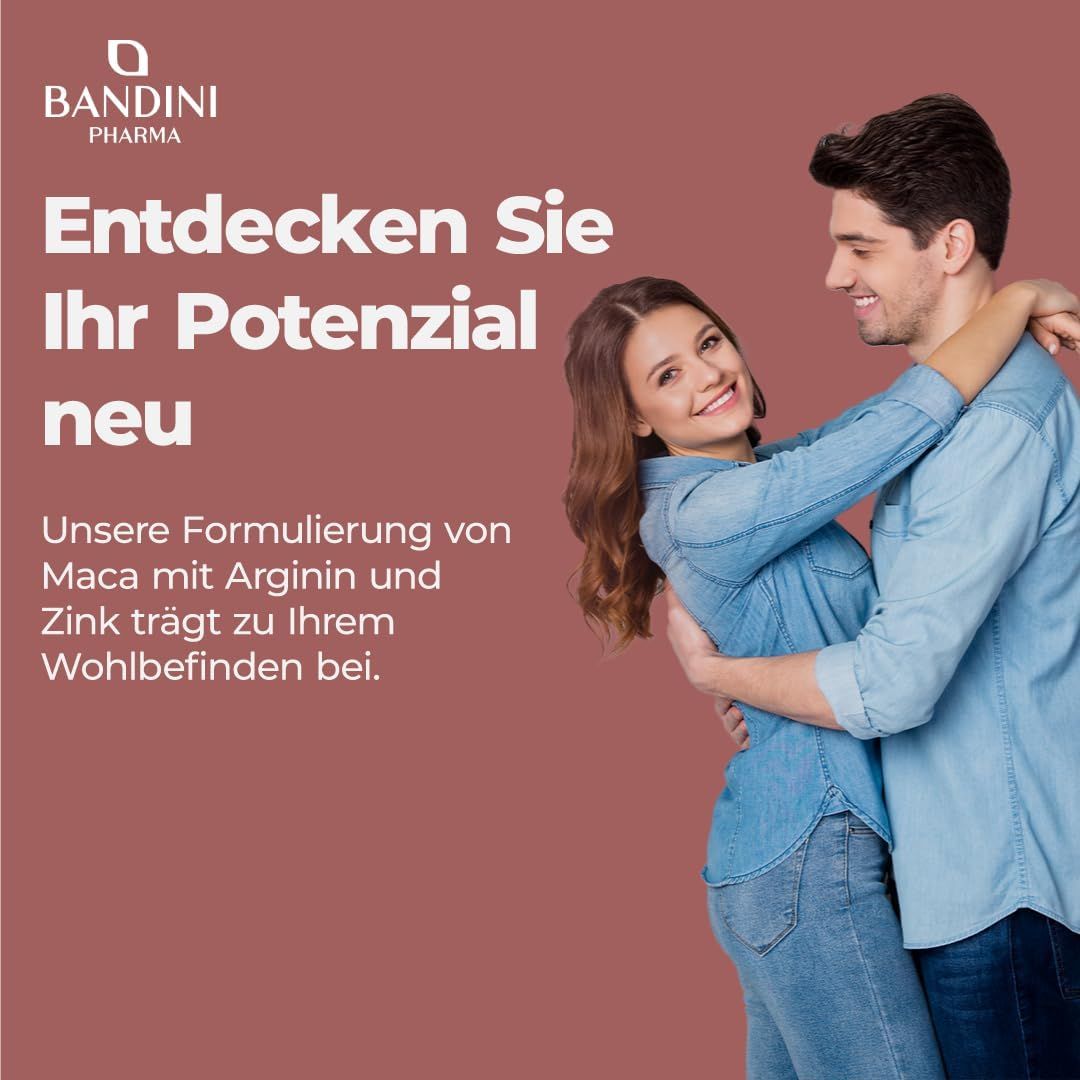 Weiße Flasche mit Bandini Maca Power Kapseln. Aufschrift: Maca Power, Tribulus, Zink, Vitamin B6, Vitamin B12. 60 Kapseln.