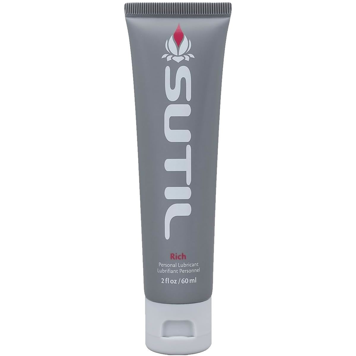 Graue Tube mit weißem "SUTIL"-Schriftzug und Logo. "Rich" und "Personal Lubricant" darunter. 2 fl oz / 60 ml.