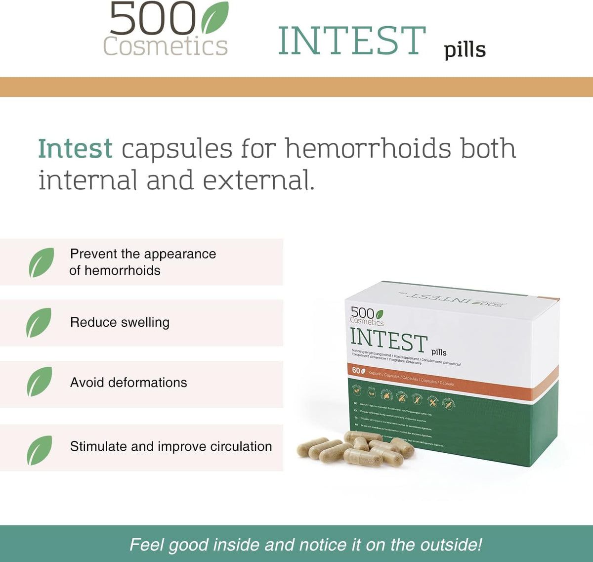 Produktverpackung und Kapseln. Text: Intest capsules for hemorrhoids both internal and external. Vorteile: Vorbeugung, Reduzierung, Vermeidung, Verbesserung.