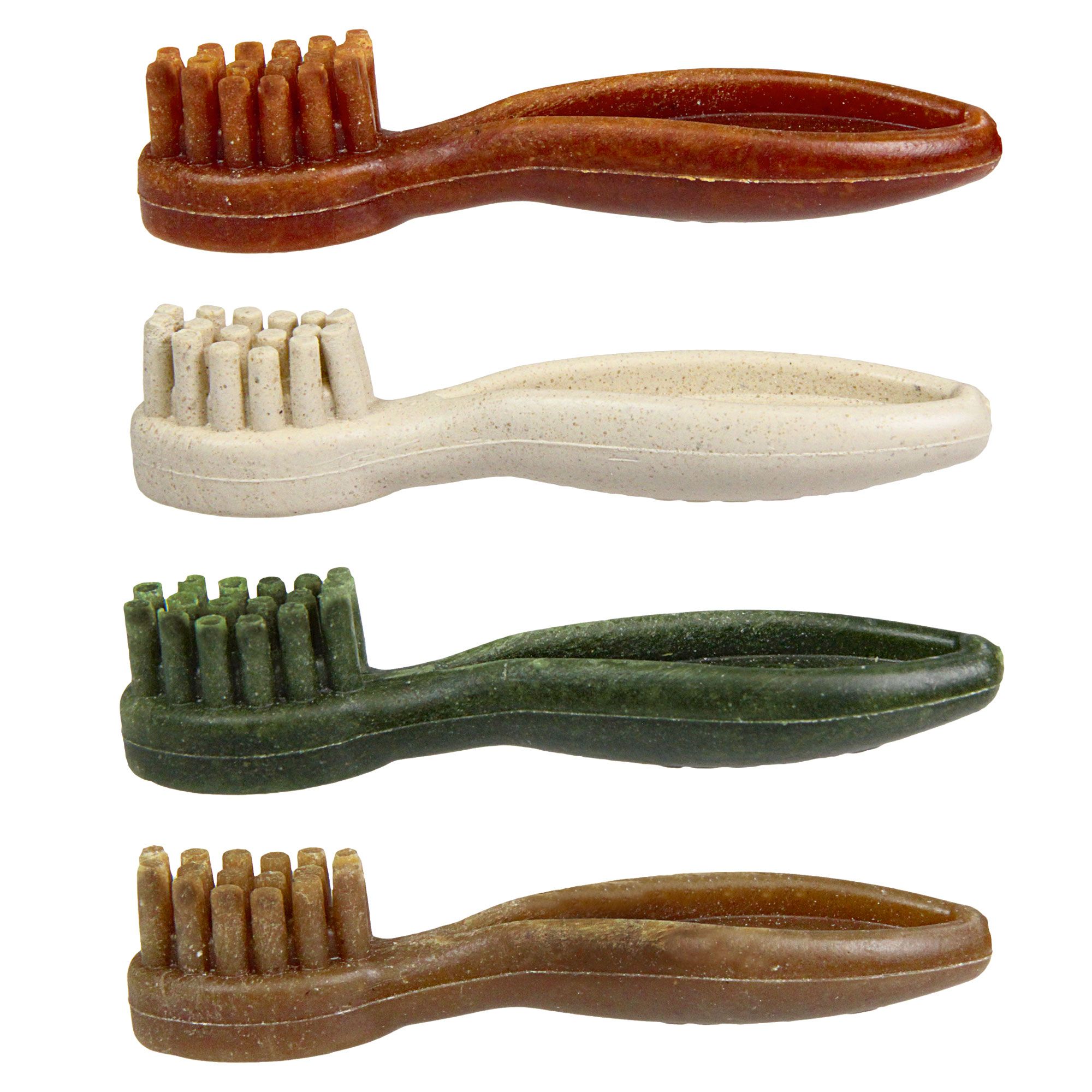 Vier Kausnack-Knochen in Form einer Zahnbürste. Verschiedene Farben: Braun, Beige, Grün und Hellbraun. Borsten und Griff erkennbar.