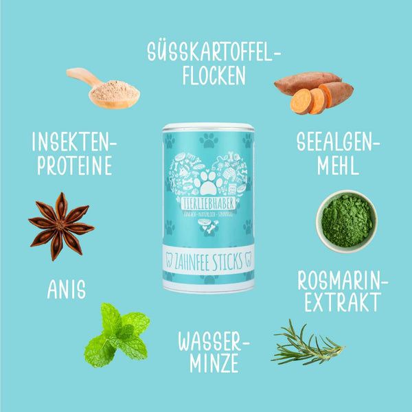 Zylinderförmige Dose mit Aufdruck. Aufschrift: TIERLIEBHABER, ZAHNFE STICKS. Zutaten: Süßkartoffel, Seealgenmehl, Rosmarinextrakt, Anis, Wasserminze, Insektenproteine.