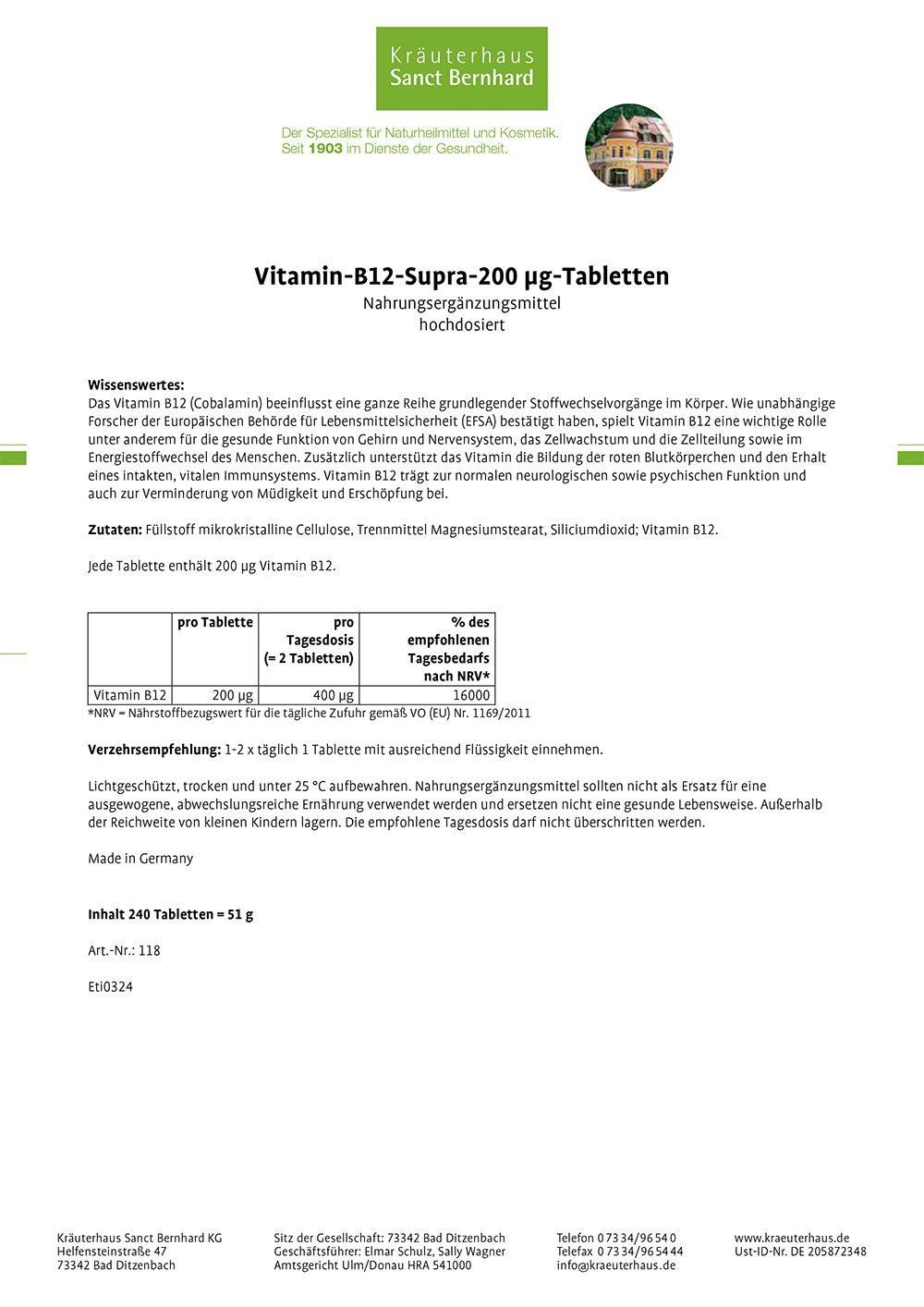 Sanct Bernhard Vitamin-B12-Supra-200 µg-Tabletten 2x240 St Tabletten