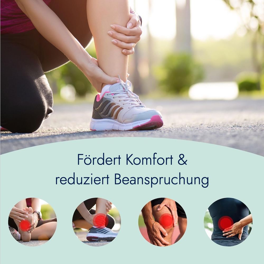 Person hält Bein. Text: Fördert Komfort & reduziert Beanspruchung. Grafiken: Fuß, Knöchel, Knie, Rücken mit roten Markierungen.