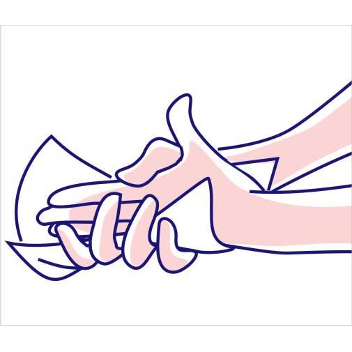 Illustration: Hände reinigen sich mit einem Feuchtpflegetuch. Rosa Haut, blaue Konturen. Das Tuch ist weiß.