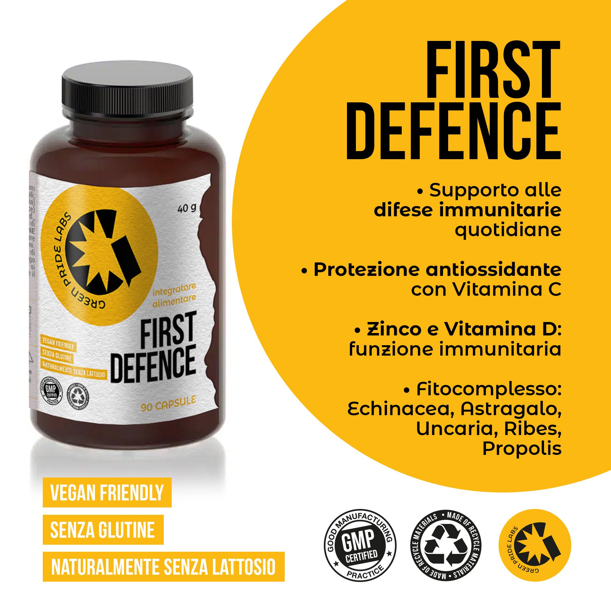 Flasche mit Etikett, das 'First Defence' zeigt. Gelber Bereich listet Vorteile auf, darunter täglicher Immunsupport und antioxidative Schutz.