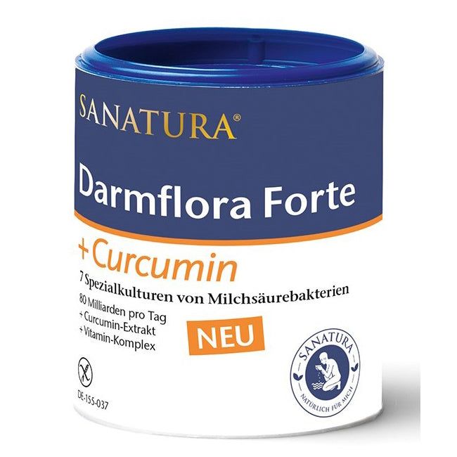 Dose mit Sanatura Darmflora Forte +Curcumin. Blaue Dose mit weißer Schrift. Enthält 7 Spezialkulturen und Vitamin-Komplex.